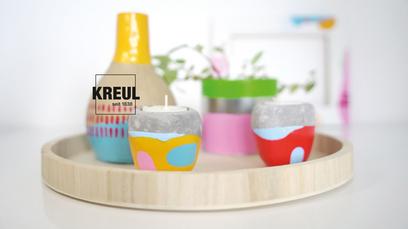 KREUL Acryl Glanzfarben Color Living Set Deko gelb türkis Rosa sommerliche Farbtöne Tablett mit Deko angemalt mit KREUL ACryl Glanzfarben Color Living